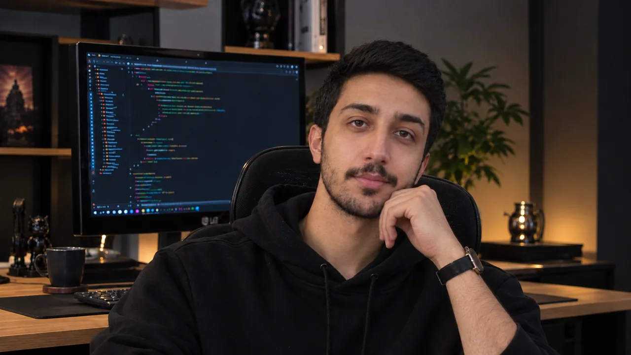 متین موفق کنار مانیتور با کد روی میز کار
